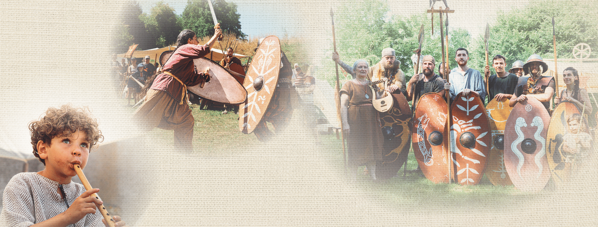 Visuel de la Fête gauloise avec un enfant jouant de la flute gauloise, et des guerriers gaulois qui combattent avec leurs boucliers et leurs armes