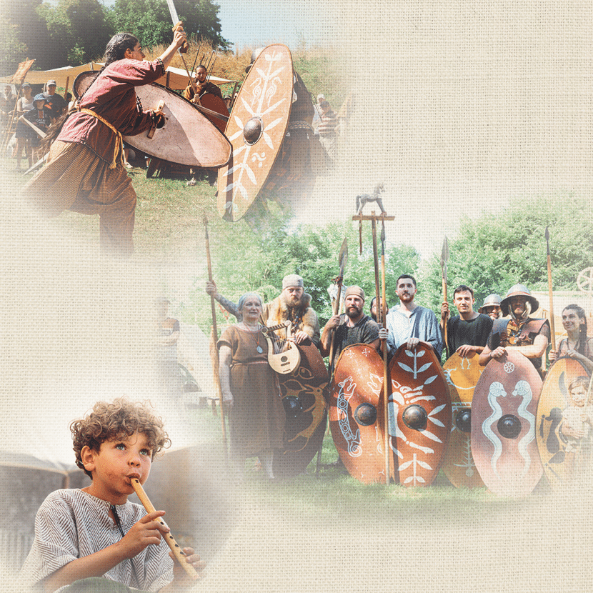 Visuel de la Fête gauloise avec un enfant jouant de la flute gauloise, et des guerriers gaulois qui combattent avec leurs boucliers et leurs armes