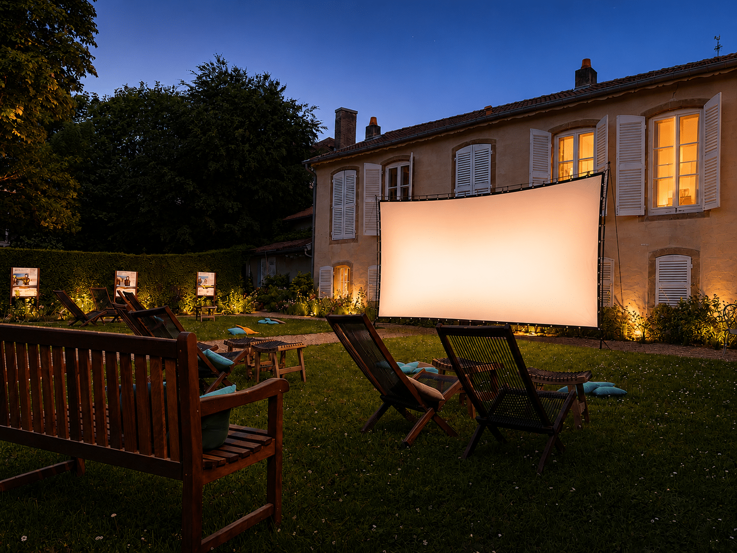 Vue nocturne de la Maison de Robert Schuman avec un grand écran en plein air et en face des transats pour assister à la diffusion du film
