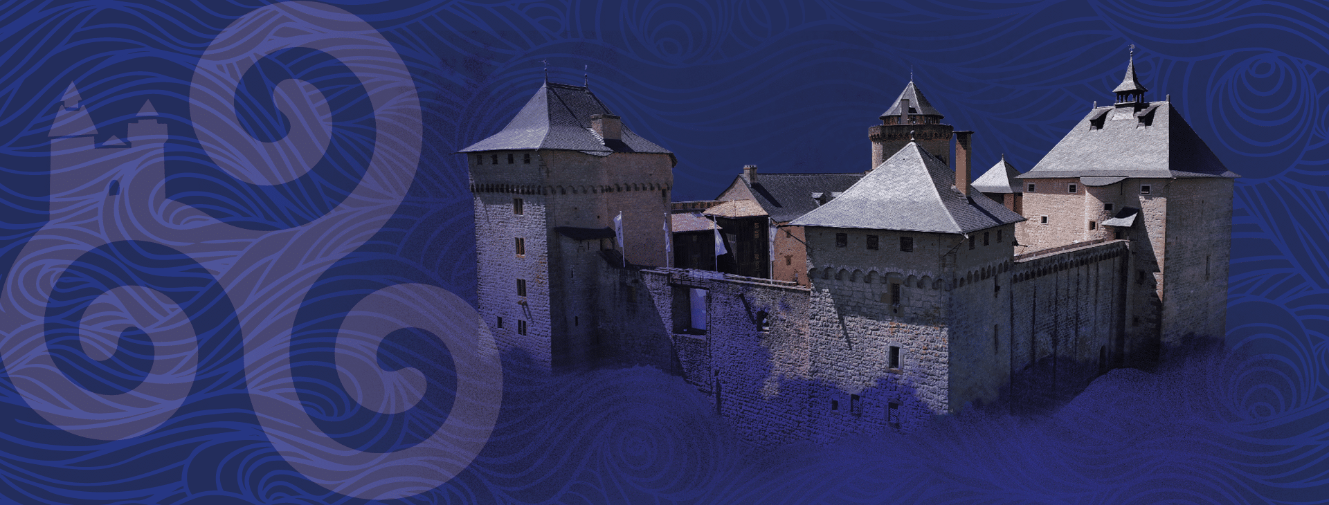 visuel du Château de nuit avec un fond bleu/violet et un triskell (symbole celtique avec trois boucles)