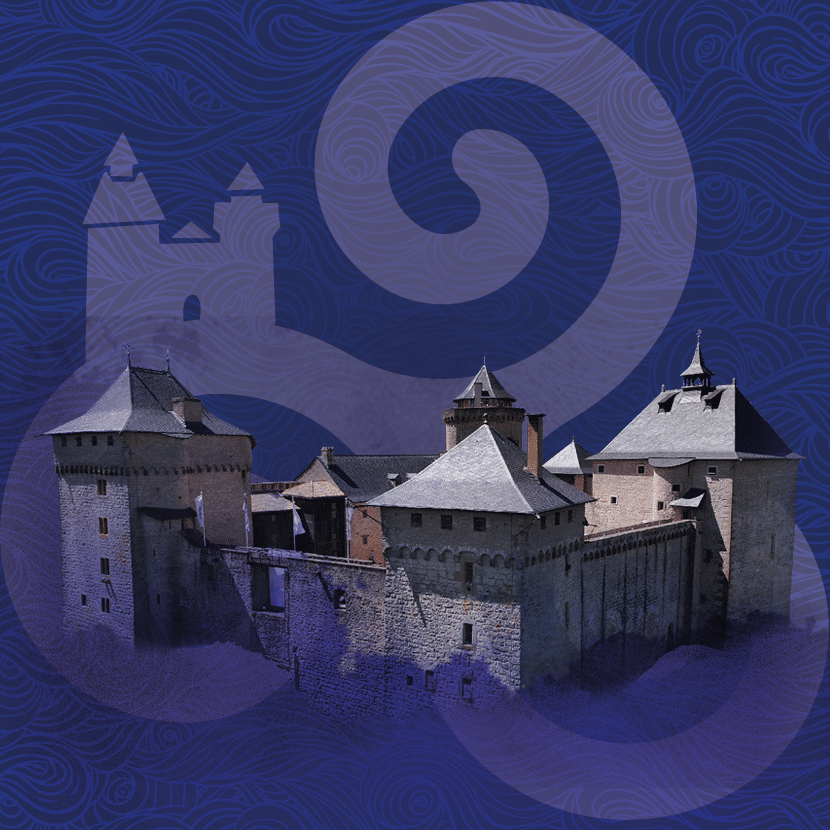 visuel du Château de nuit avec un fond bleu/violet et un triskell (symbole celtique avec trois boucles)