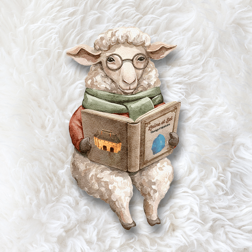 Assis sur un tapis de laine, un mouton tient entre ses pattes un livre sur lequel on voit un bloc de sel et le Musée du Sel