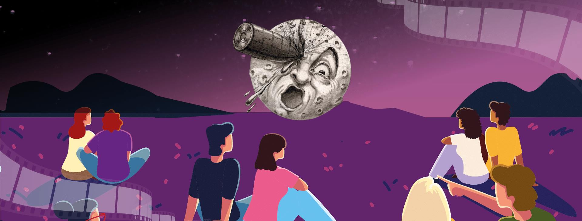 Au premier plan, des personnages dessinés sont assis pour regarder la diffusion d'un film avec le visuel de l'exposition Méliès : une fusée qui atterrit dans l'œil de la lune.