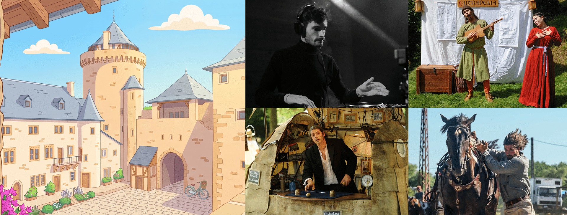 Visuel du Château dessiné avec des couleurs estivales et un soleil. 4 photos présentent les spectacles proposés chaque dimanche