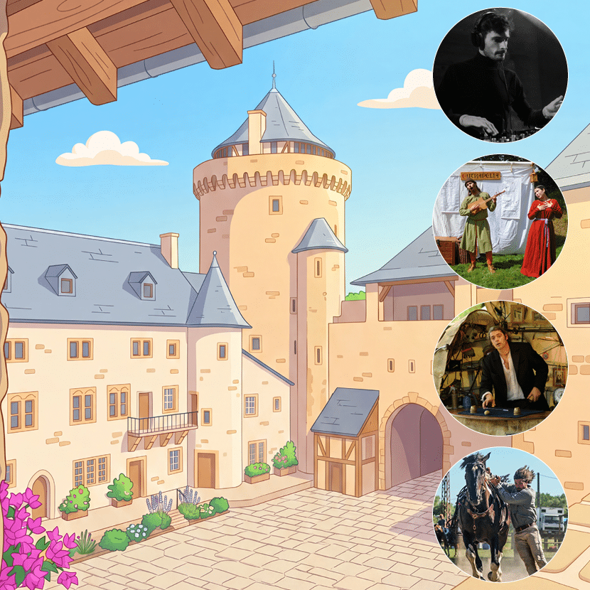 Visuel du Château dessiné avec des couleurs estivales et un soleil. 4 photos présentent les spectacles proposés chaque dimanche