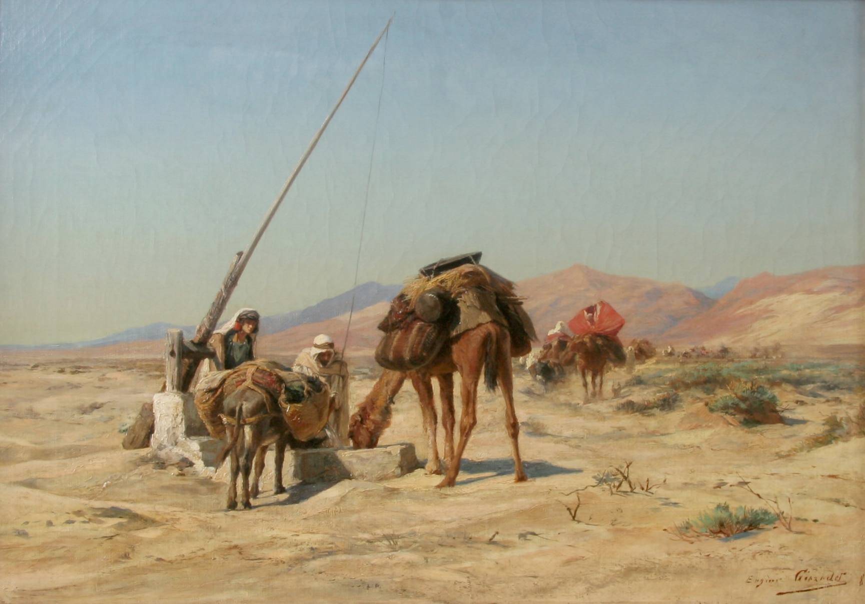 Tableau présentant une caravane de bédouins dans le désert.