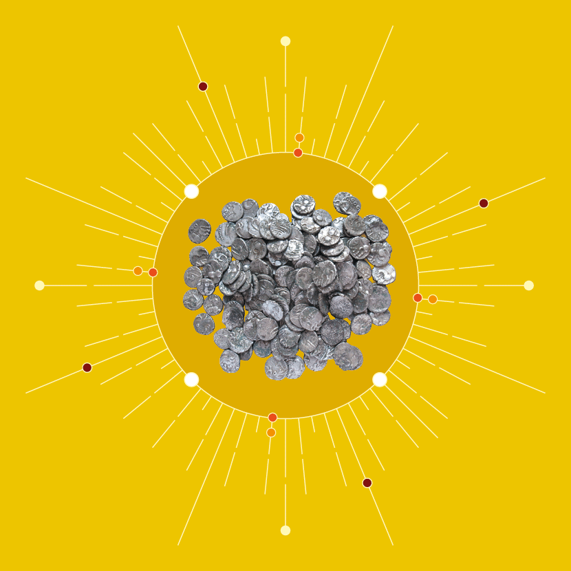 Sur un fond jaune, il y a un soleil lumineux avec en son centre de très nombreuses pièces de monnaie du trésor de Bassing