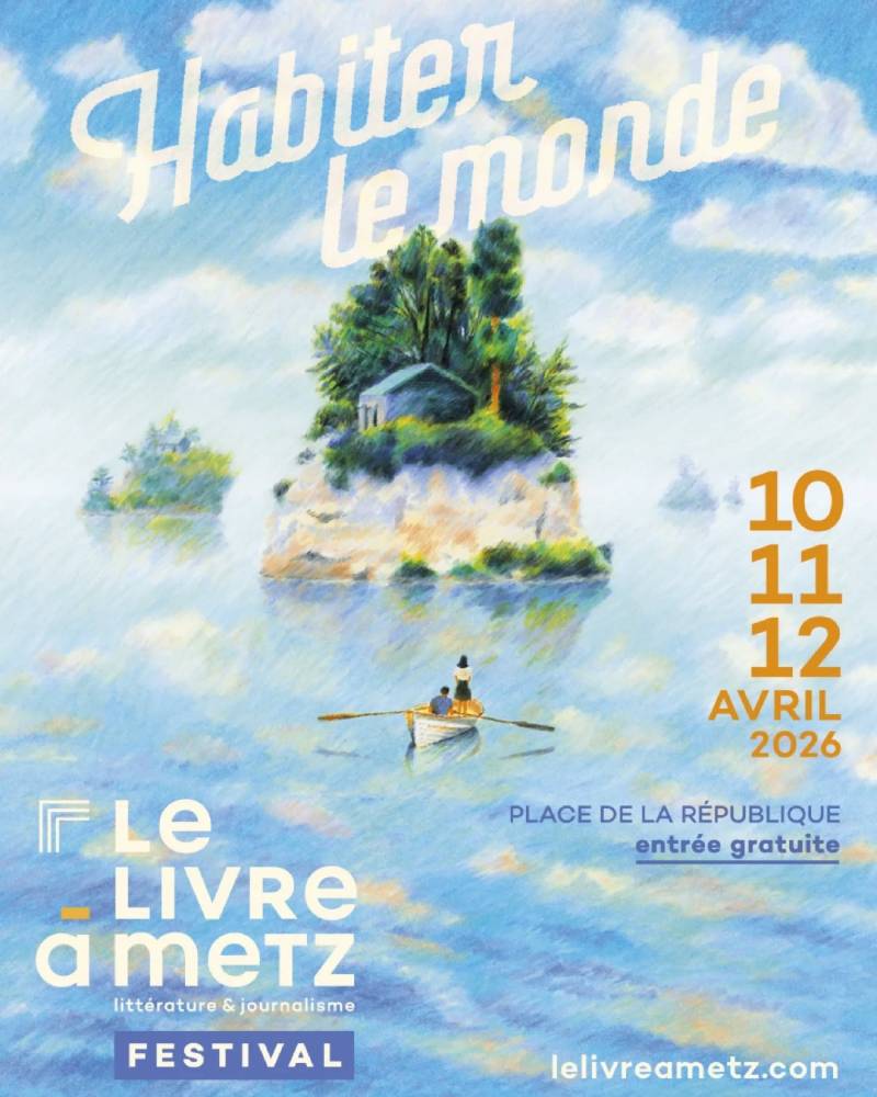 Affiche représentant une île boisée avec une barque qui se dirige vers elle.
