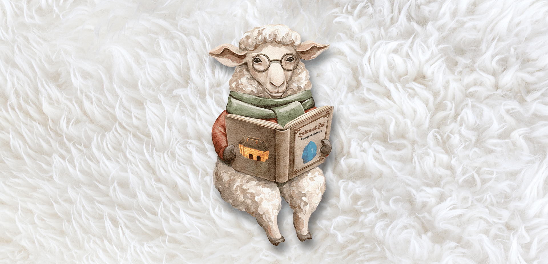 Assis sur un tapis de laine, un mouton tient entre ses pattes un livre sur lequel on voit un bloc de sel et le Musée du Sel