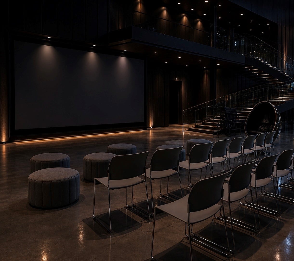 Hall de musée aménagé pour une projection de film. Une grande toile blanche est installée à l’avant de l’espace, face à plusieurs chaises disposées en rangées pour accueillir les spectateurs.