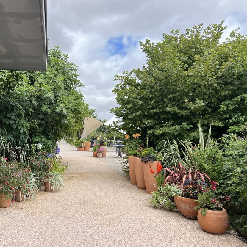 Installation de pots à l'entrée des Jardins Fruitiers de Laquenexy en été