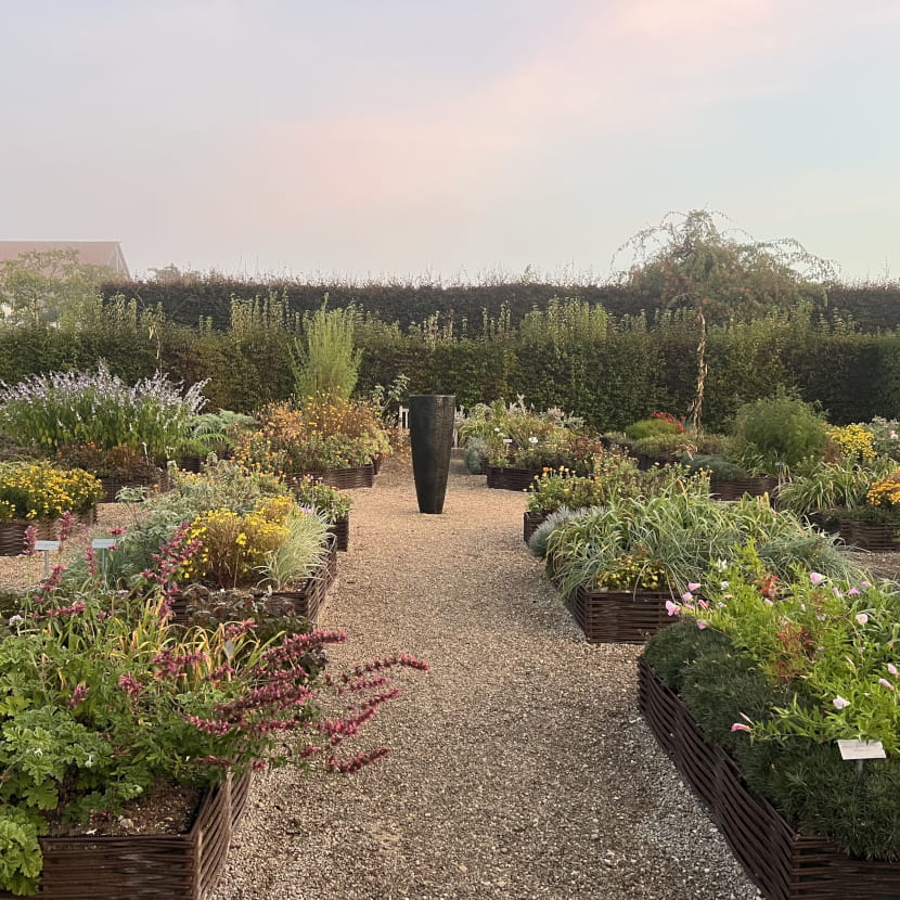 Le jardin des fleurs à croquer avec sa fontaine verticale noire au centre de l'allée, jardin en carrés potager en acier corten.