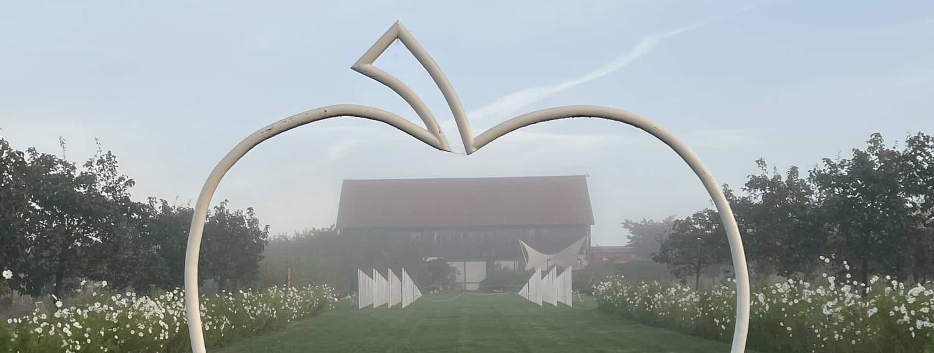 Clos de saveurs vu à travers le haut d'une sculpture blanche en forme de pomme, 2 bandes de cosmos blancs de part et d'autre, bâtiment d'accueil en fond et légère brume.